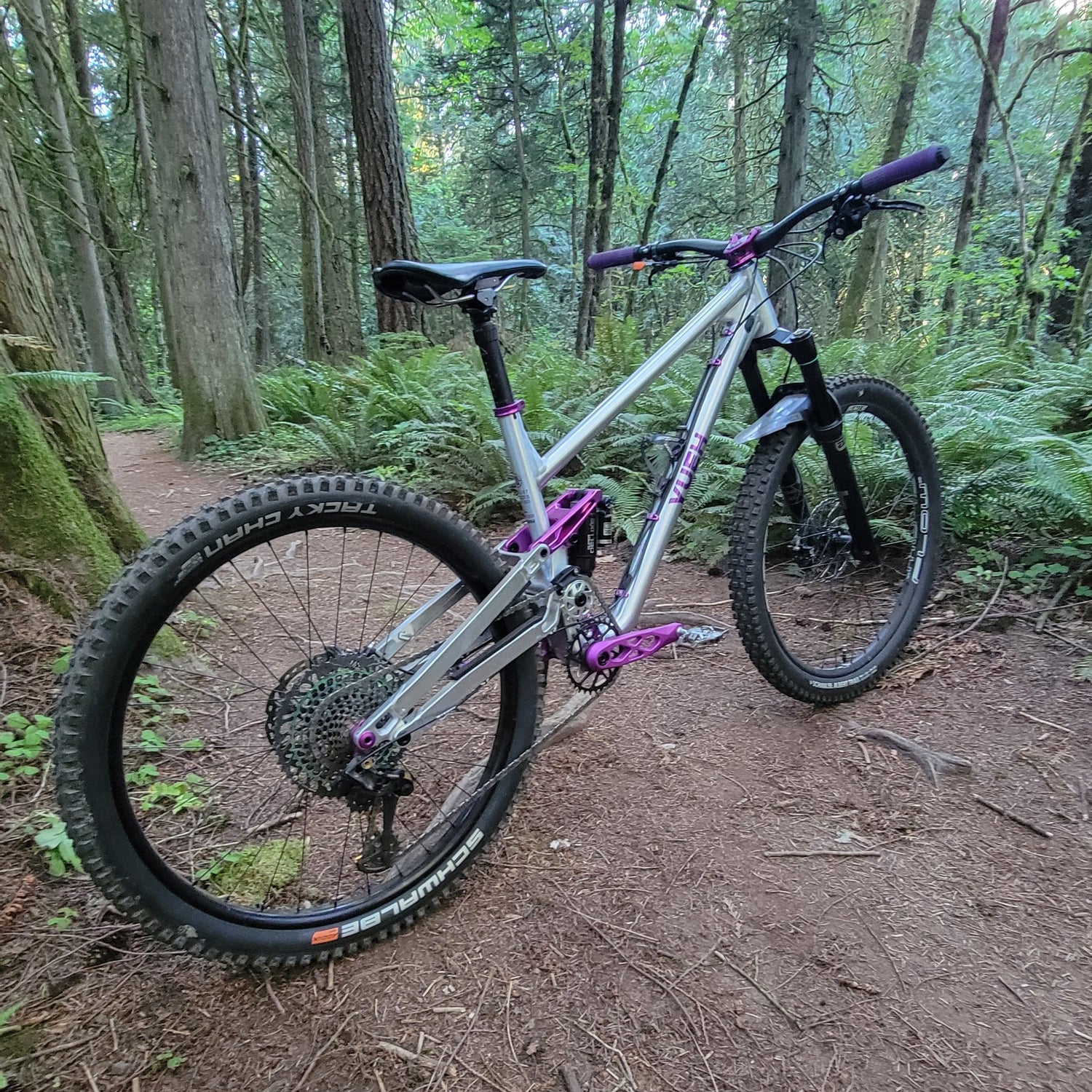 A mountain bike with a silver frame and purple handlebar grips resting on a dirt trail in a forest.
