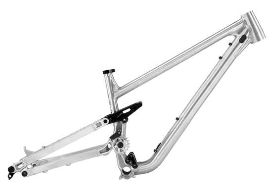 A silver aluminum full-suspension mountain bike frame with black components shown in a profile view.