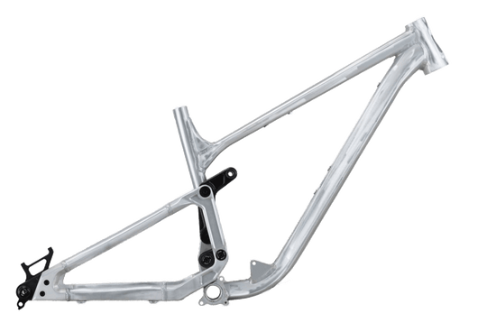 A silver aluminum full-suspension mountain bike frame shown from a side profile view.