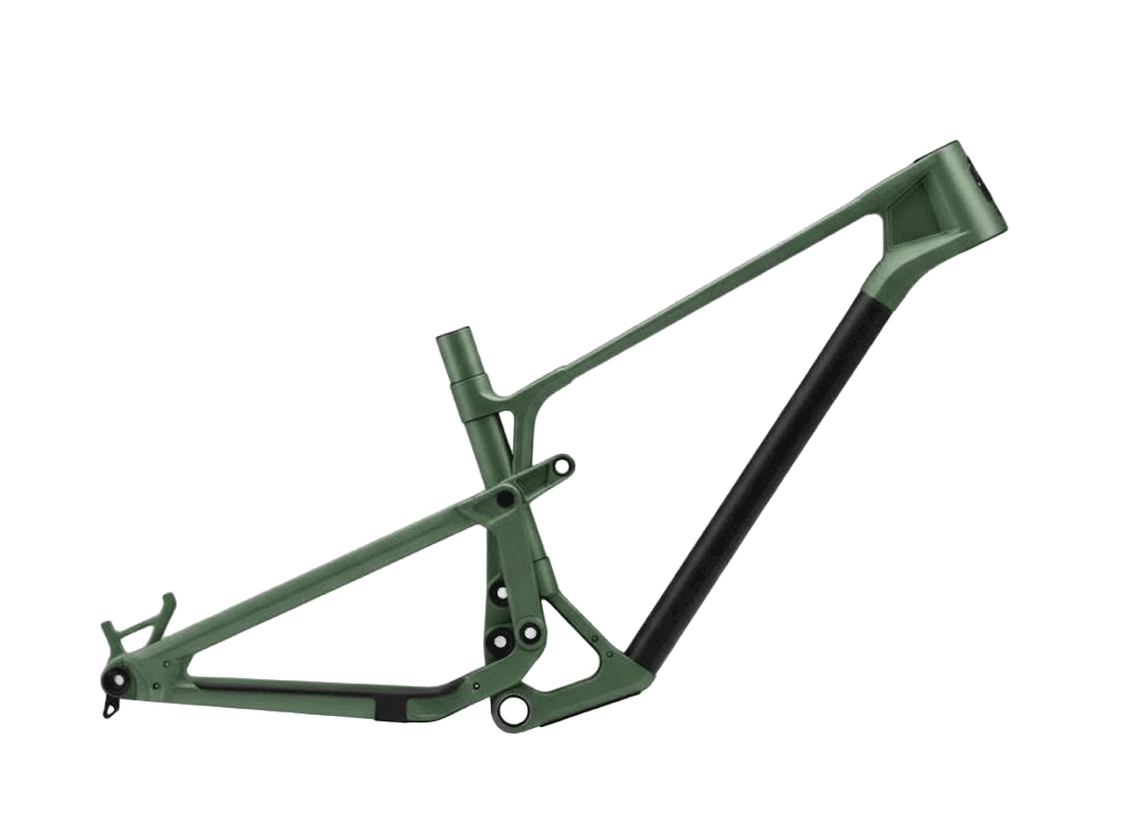 A green and black full-suspension mountain bike frame, shown from a side profile view against a solid white background.